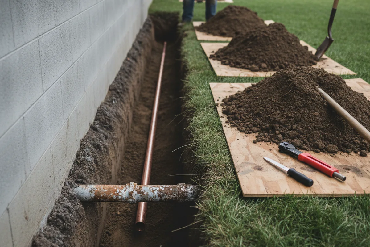 Excavated water line trench during Water Heater Repair in Camden Point